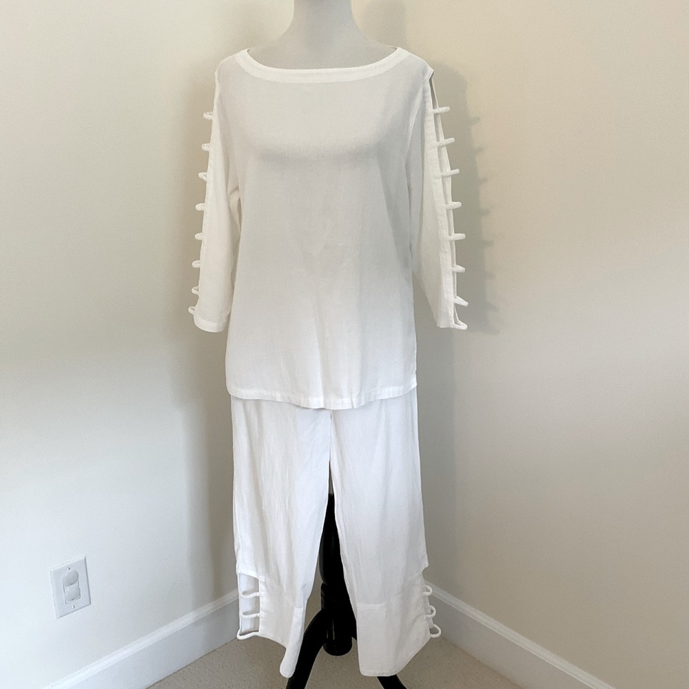 Women’s Out Of The Box White Two-Piece Pant Set with Ladder Sleeve Detail